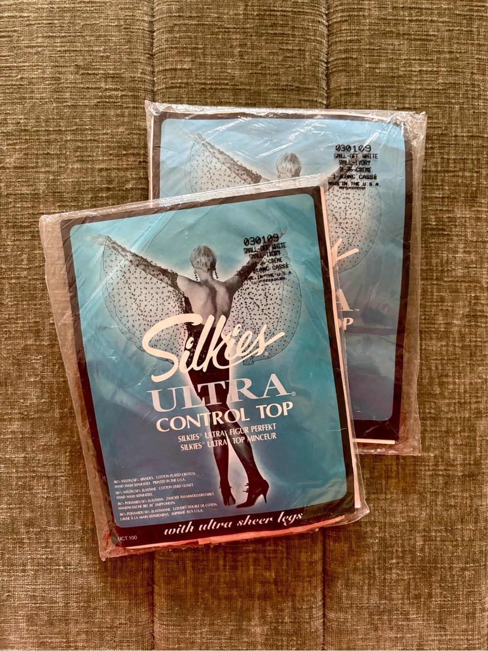 2 Pairs VTG NOS Silkies Off-White Ultra Control Top Sheer Pantyhose, Size Small